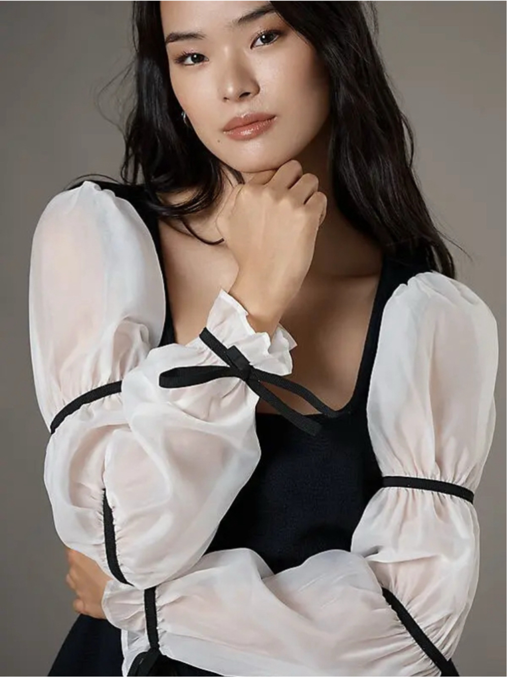 Maeve Balloon-Sleeve Blouse, Women's Plus 1X, Black and White